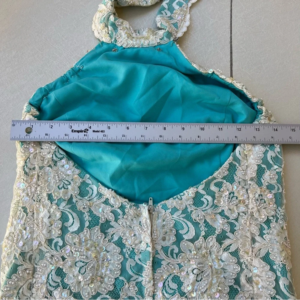 Vintage High-Neck Aqua Midi Dress Lace Overlay with embroidery pearl Size XS - Picture 8 of 9